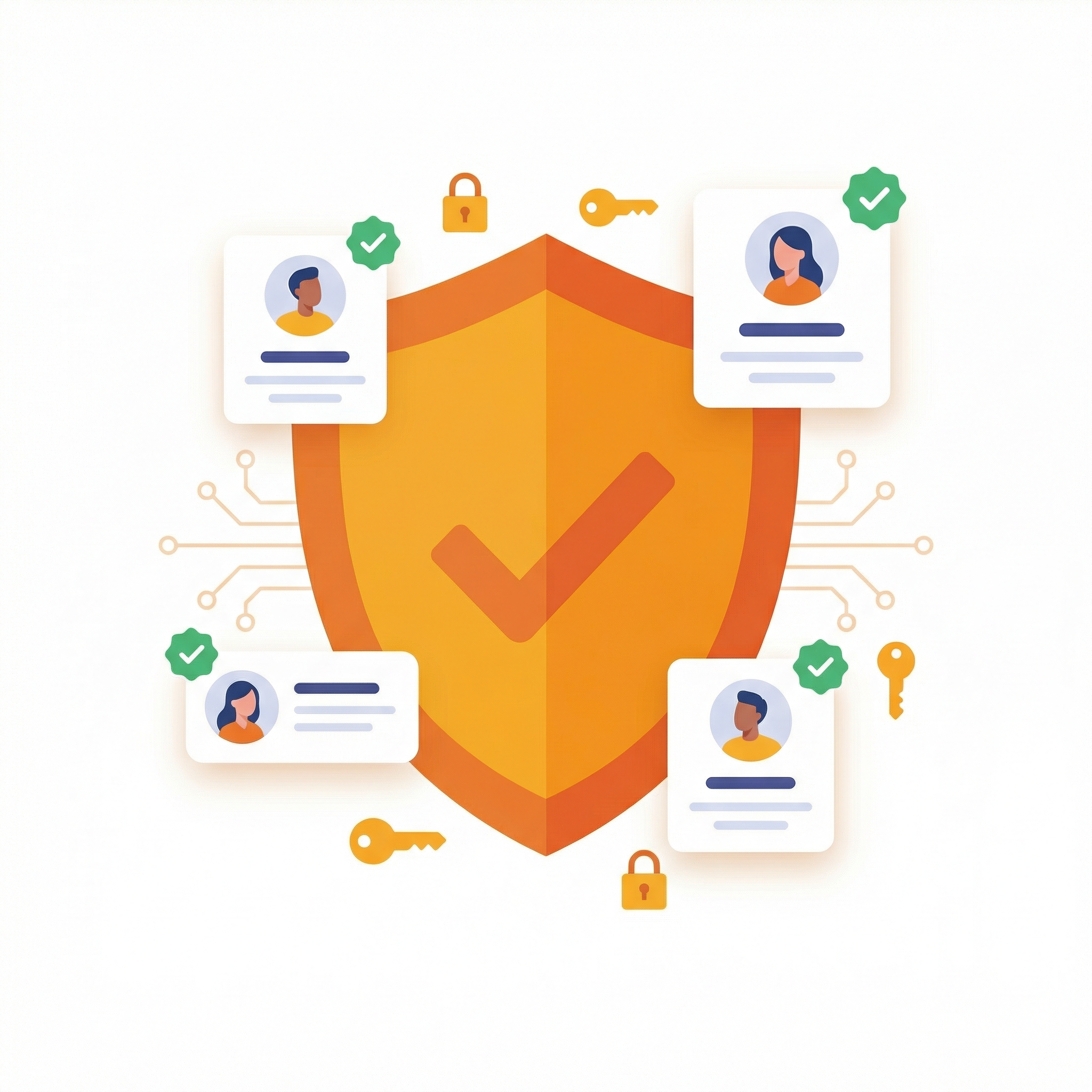 Trust and verification illustration with a shield and verified user profiles